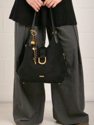 FAUX SUEDE SHOULDER BAG WITH CHARM